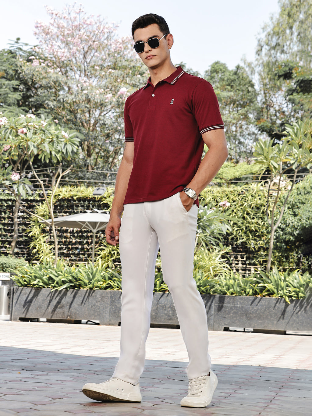 Thomas Scott Men Maroon Regular Fit Short Sleeves Solid Polo Collar Knitted Tshirt