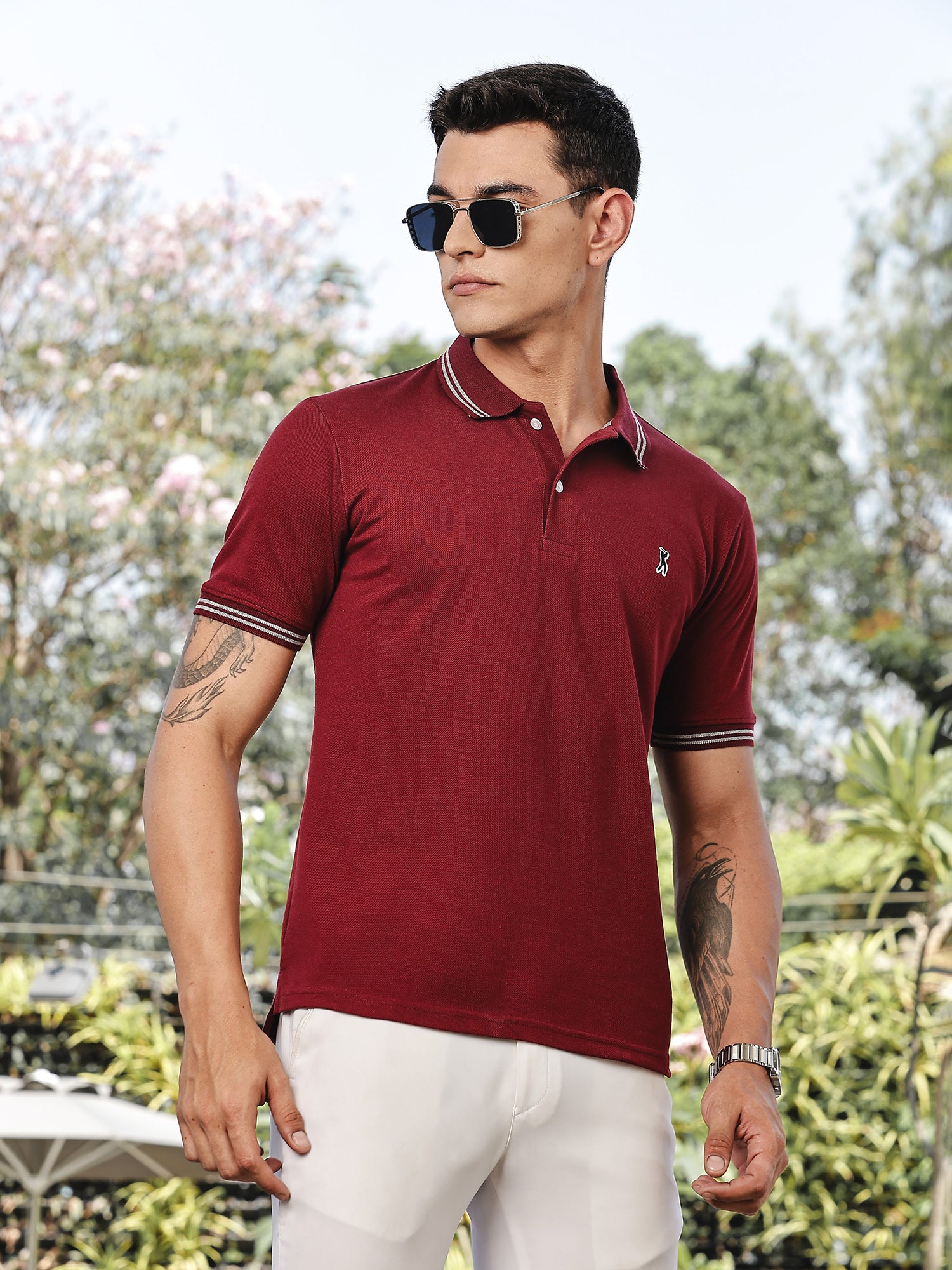Thomas Scott Men Maroon Regular Fit Short Sleeves Solid Polo Collar Knitted Tshirt