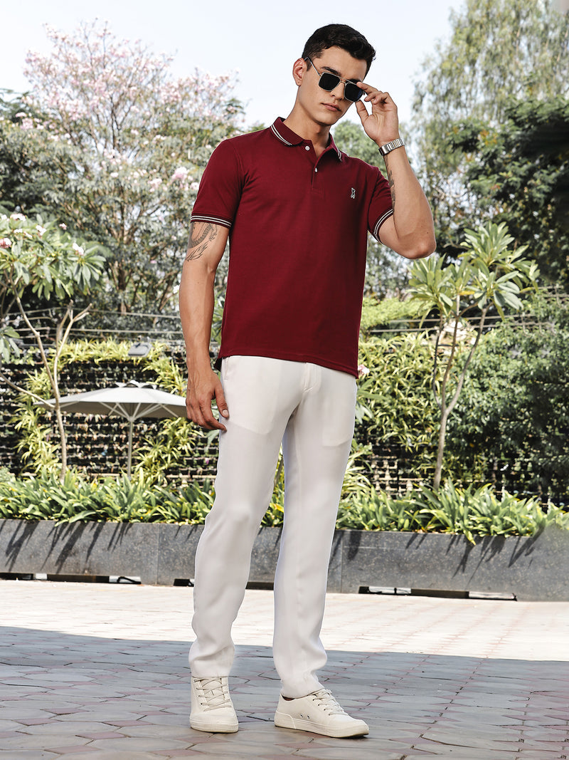 Thomas Scott Men Maroon Regular Fit Short Sleeves Solid Polo Collar Knitted Tshirt