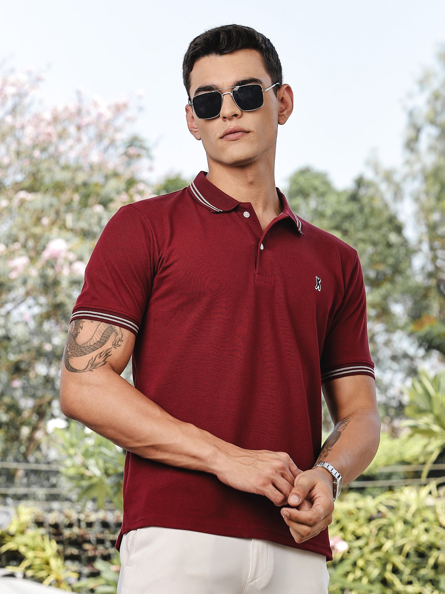 Thomas Scott Men Maroon Regular Fit Short Sleeves Solid Polo Collar Knitted Tshirt