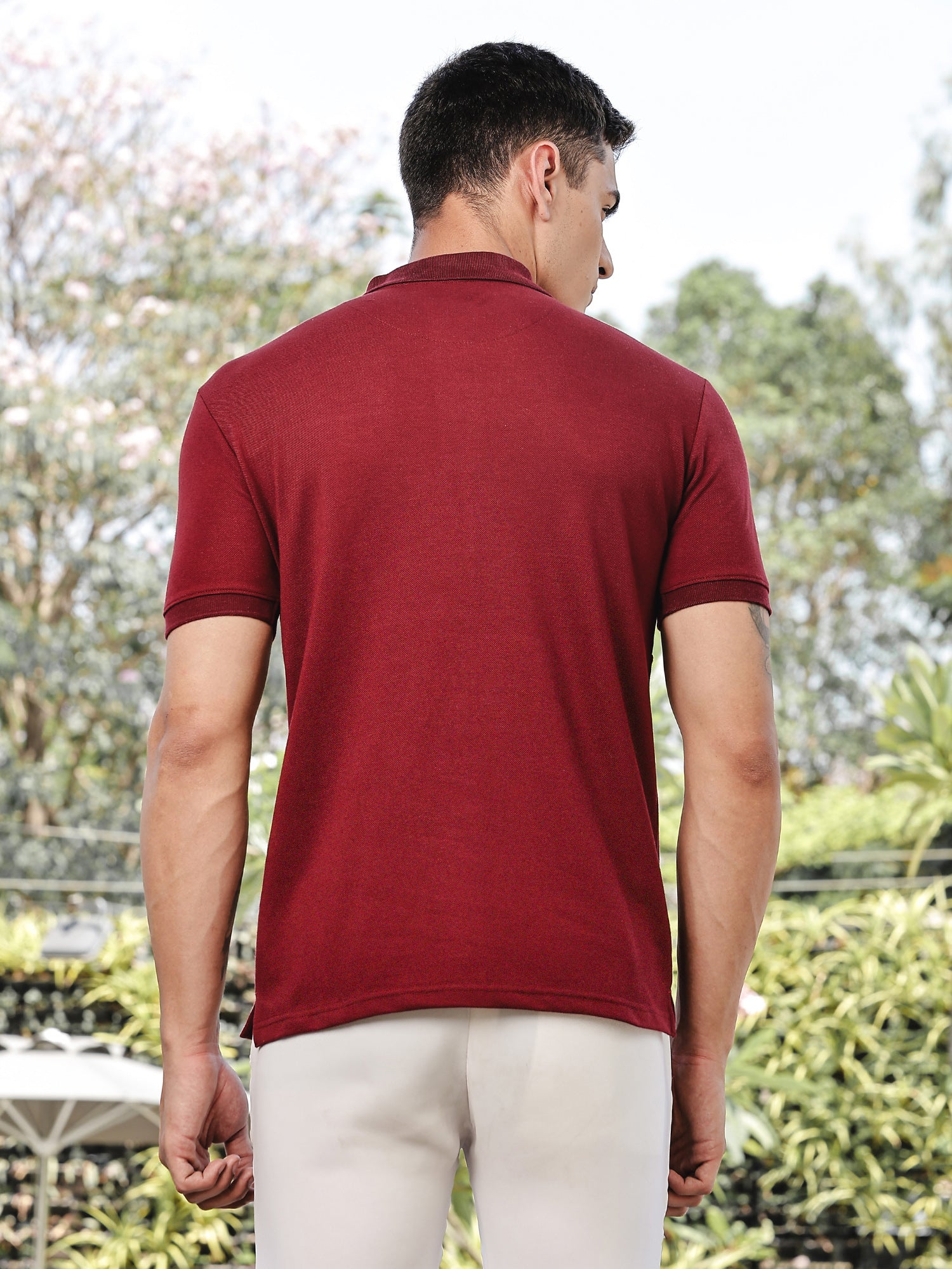 Thomas Scott Men Burgundy Regular Fit Short Sleeves Typography Polo Collar Knitted Tshirt