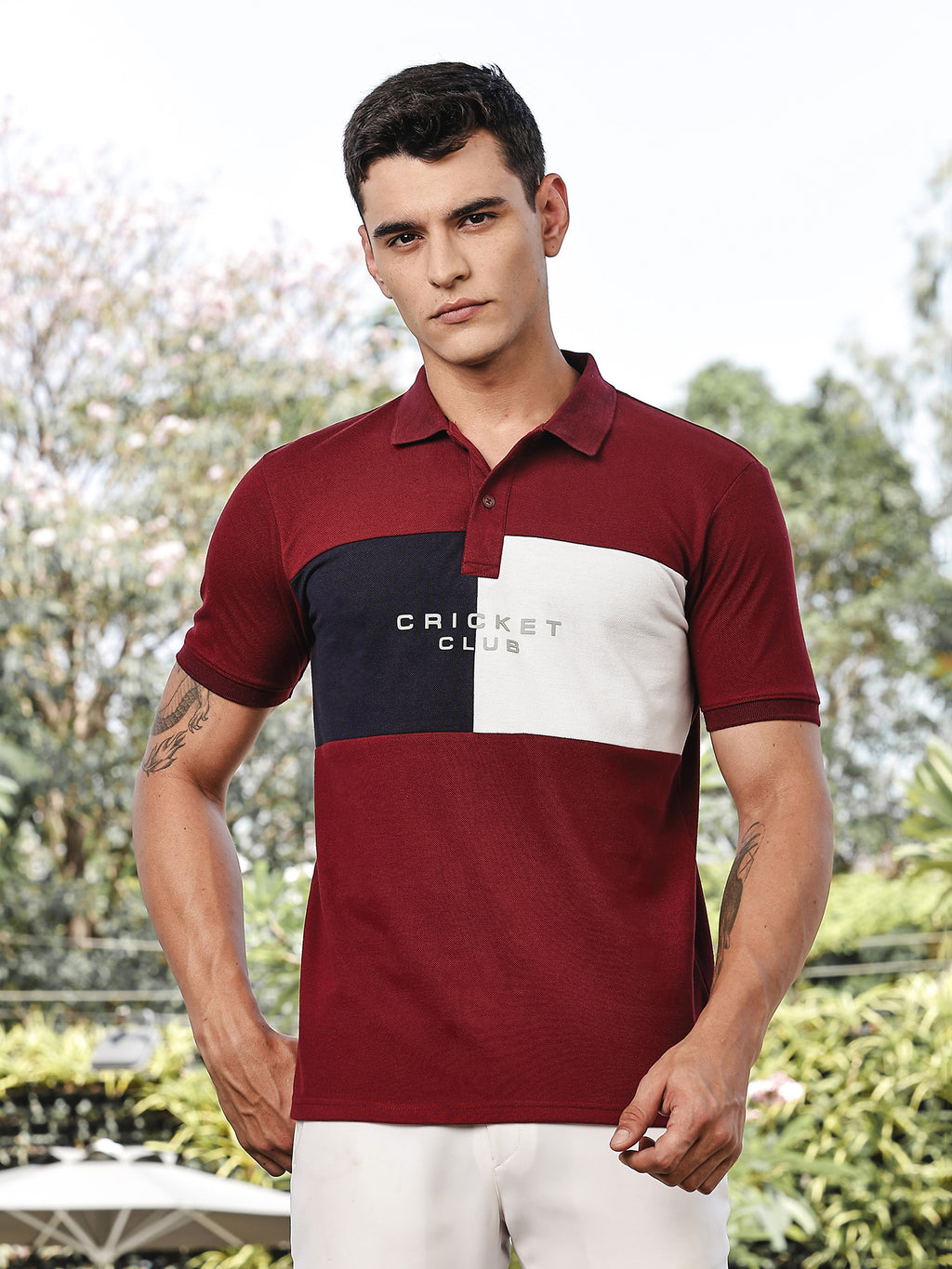 Thomas Scott Men Burgundy Regular Fit Short Sleeves Typography Polo Collar Knitted Tshirt