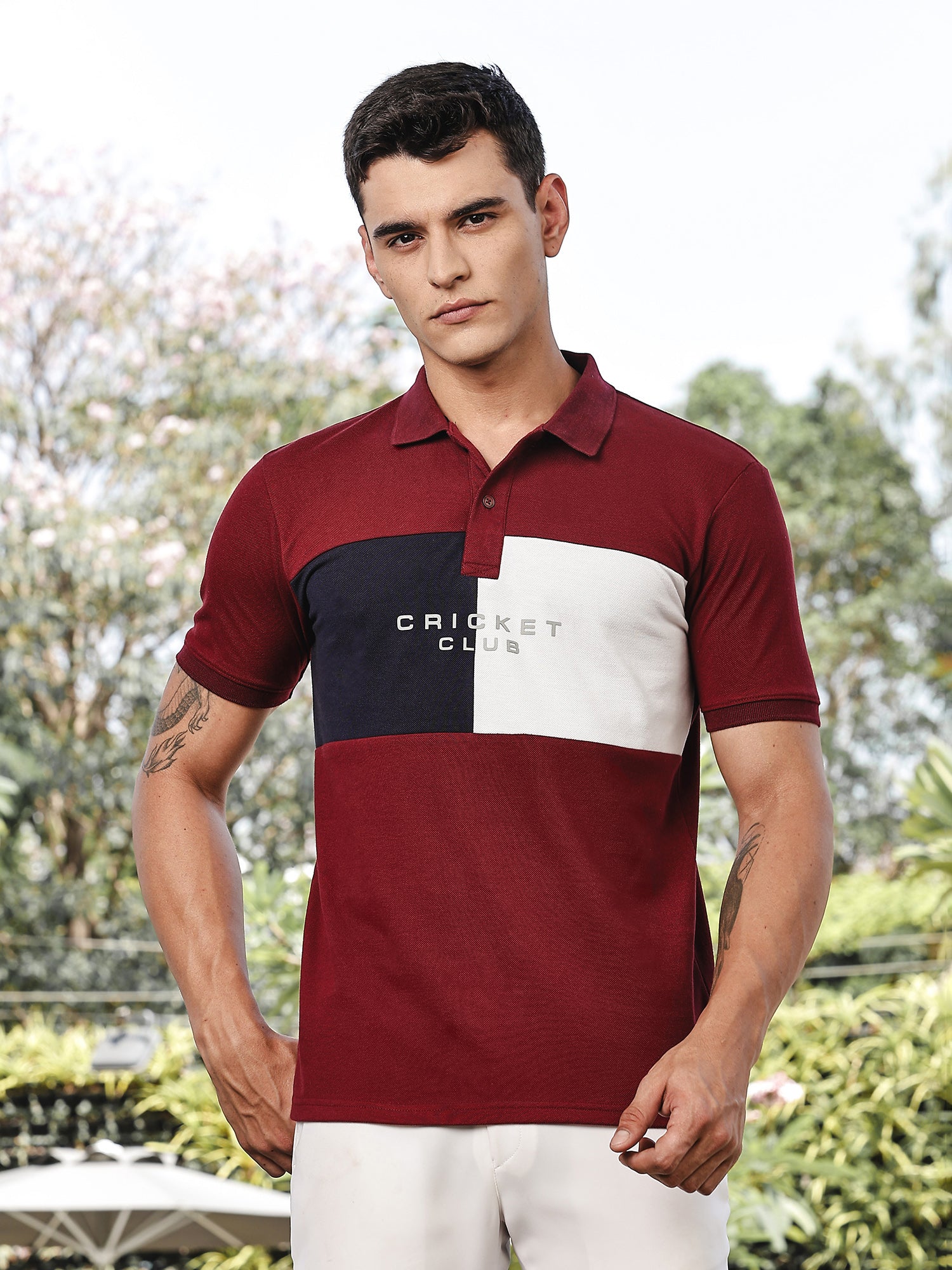Thomas Scott Men Burgundy Regular Fit Short Sleeves Typography Polo Collar Knitted Tshirt
