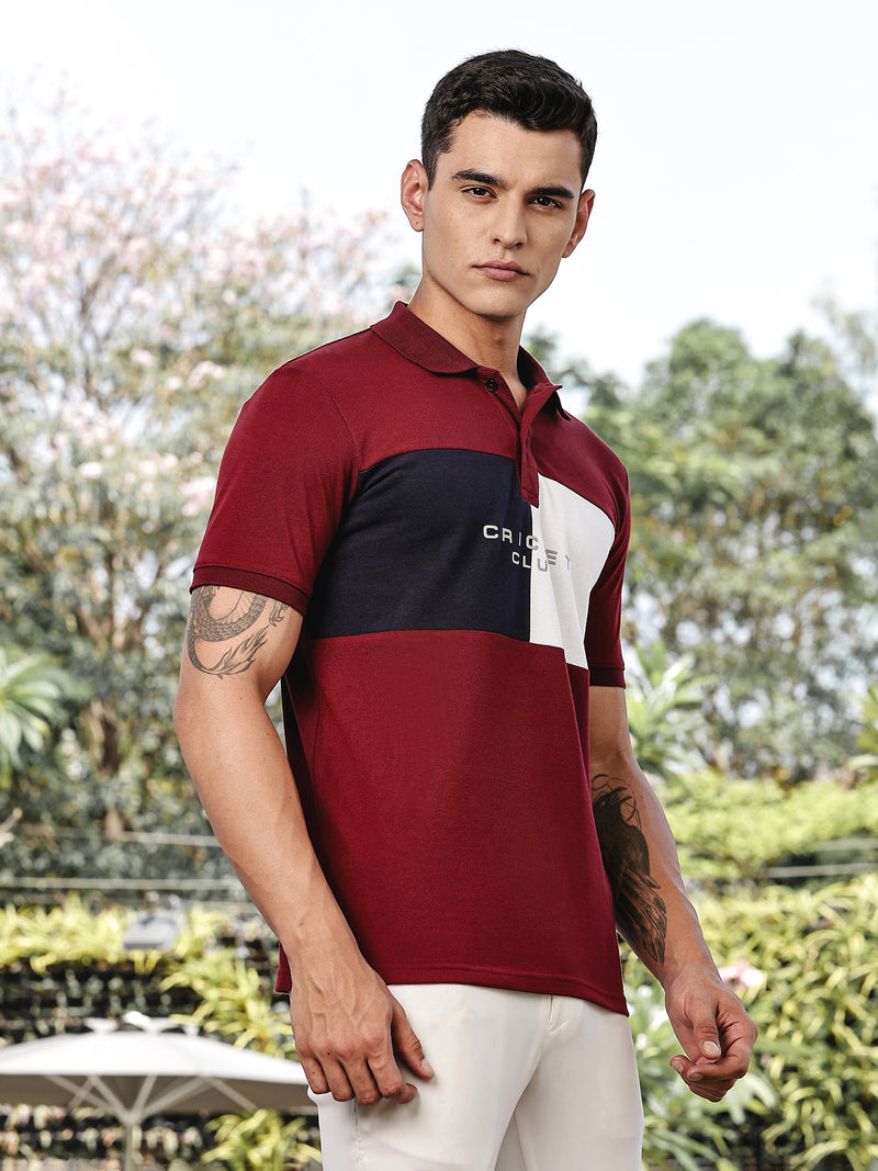 Thomas Scott Men Burgundy Regular Fit Short Sleeves Typography Polo Collar Knitted Tshirt