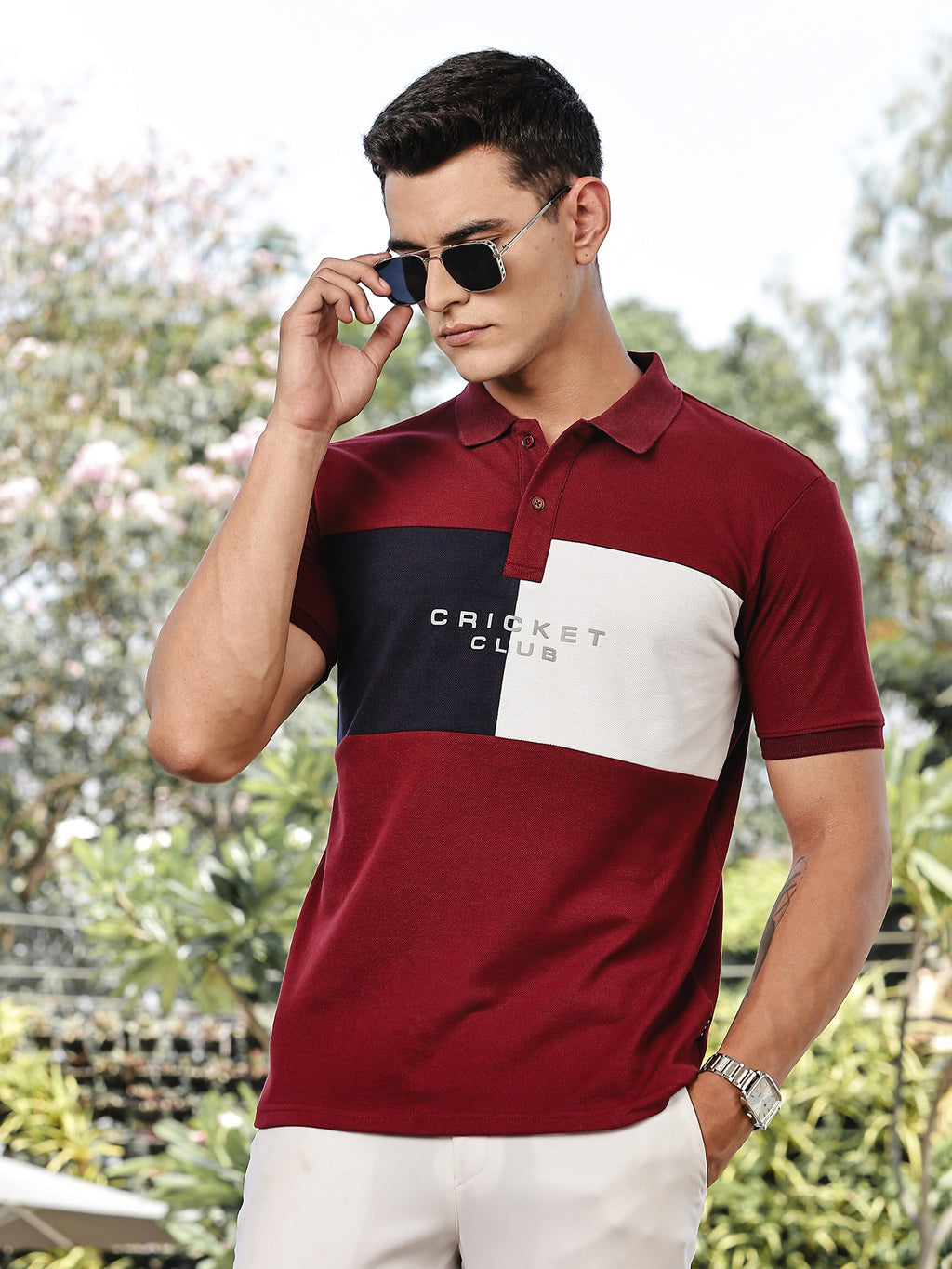 Thomas Scott Men Burgundy Regular Fit Short Sleeves Typography Polo Collar Knitted Tshirt