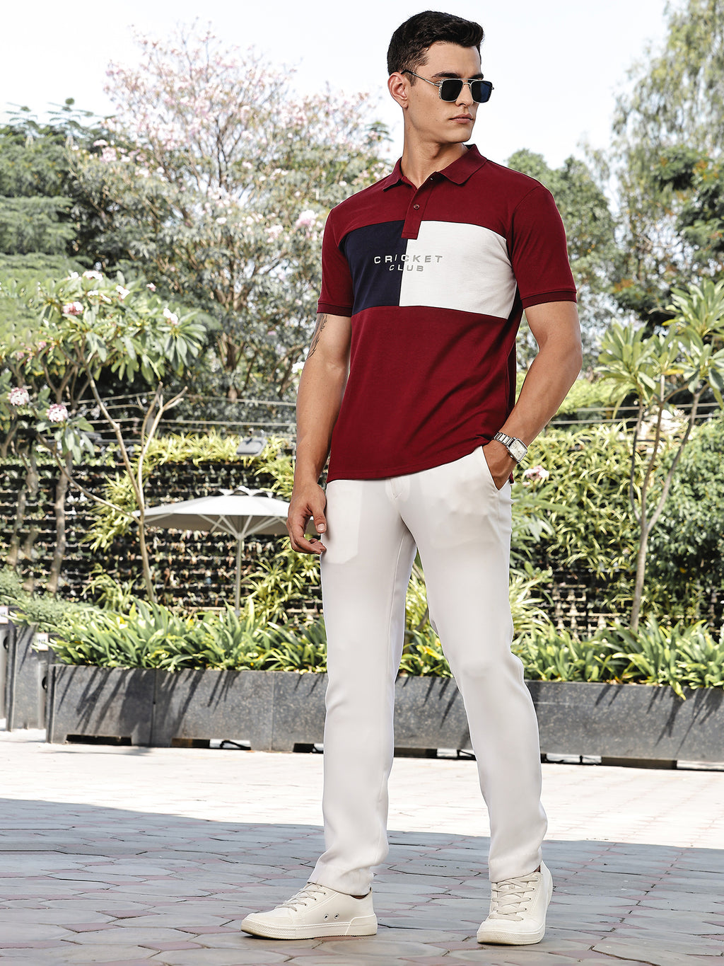Thomas Scott Men Burgundy Regular Fit Short Sleeves Typography Polo Collar Knitted Tshirt