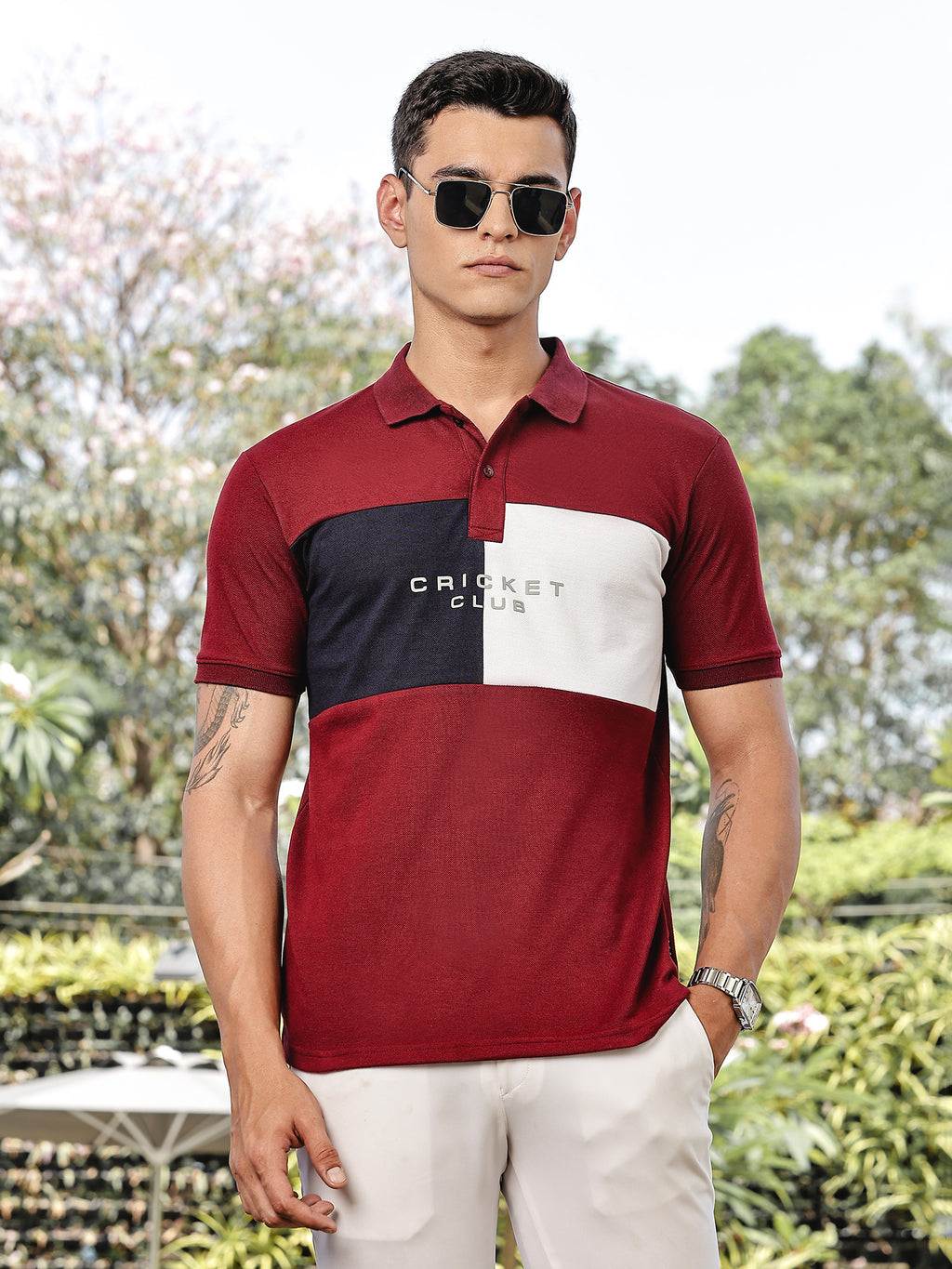 Thomas Scott Men Burgundy Regular Fit Short Sleeves Typography Polo Collar Knitted Tshirt