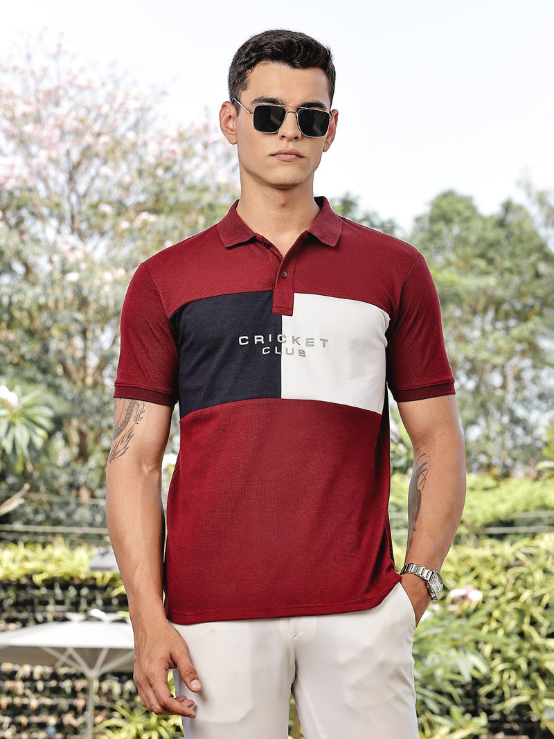 Thomas Scott Men Burgundy Regular Fit Short Sleeves Typography Polo Collar Knitted Tshirt