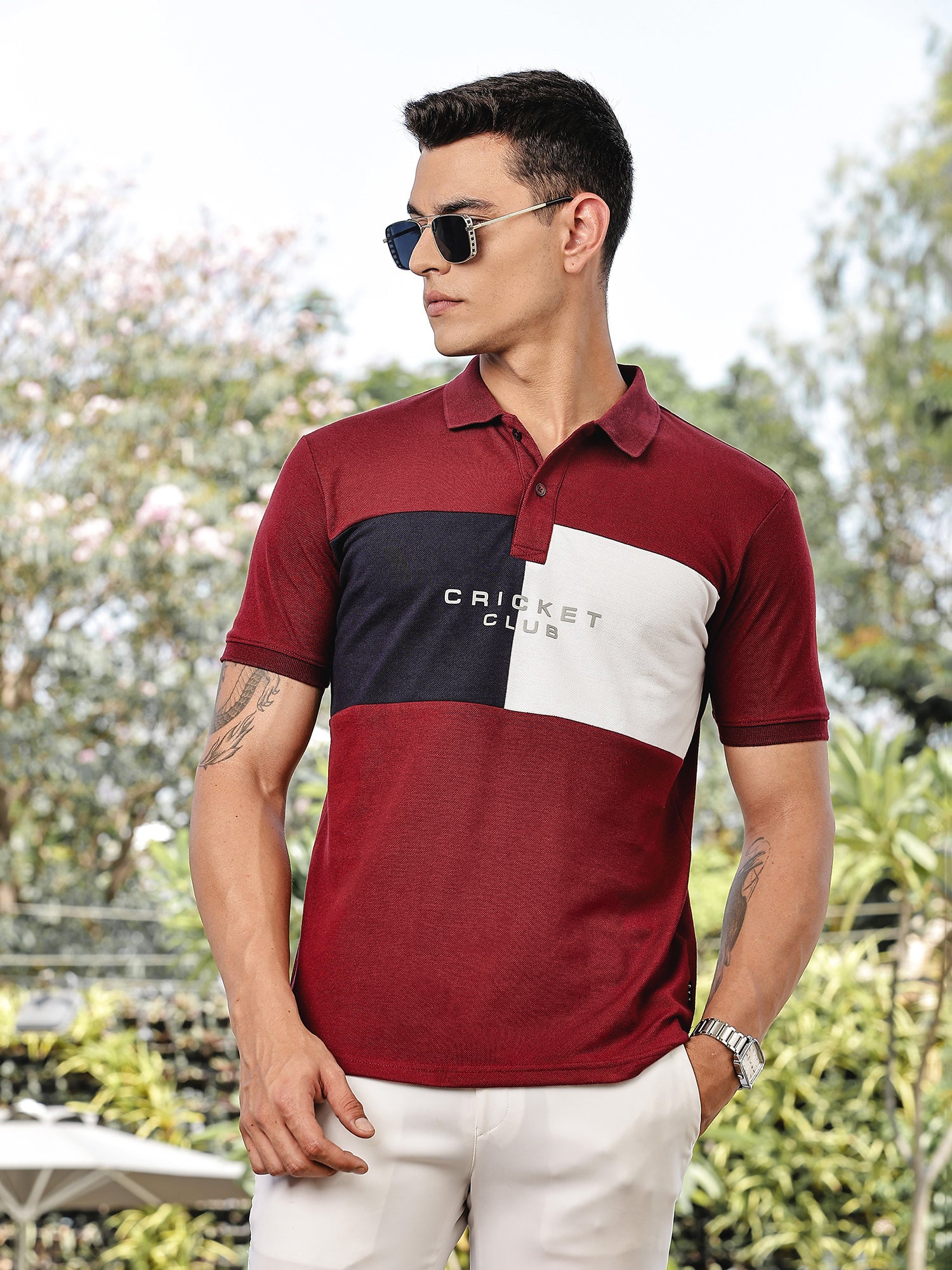 Thomas Scott Men Burgundy Regular Fit Short Sleeves Typography Polo Collar Knitted Tshirt