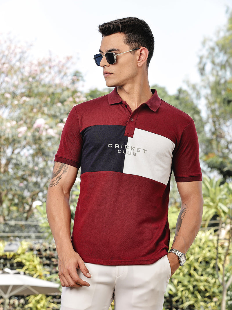 Thomas Scott Men Burgundy Regular Fit Short Sleeves Typography Polo Collar Knitted Tshirt