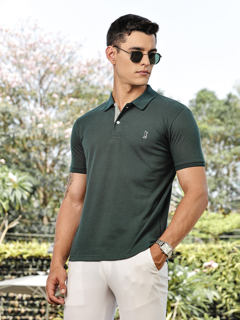 Thomas Scott Men BottleGreen Regular Fit Short Sleeves Solid Polo Collar Knitted Tshirt