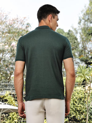 Thomas Scott Men BottleGreen Regular Fit Short Sleeves Solid Polo Collar Knitted Tshirt