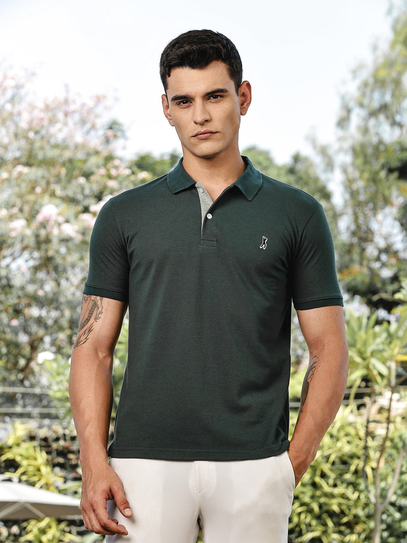 Thomas Scott Men BottleGreen Regular Fit Short Sleeves Solid Polo Collar Knitted Tshirt