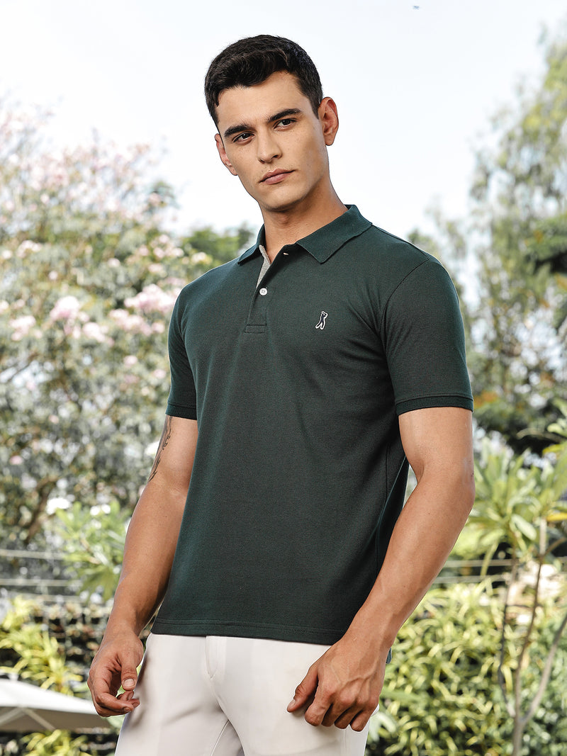 Thomas Scott Men BottleGreen Regular Fit Short Sleeves Solid Polo Collar Knitted Tshirt