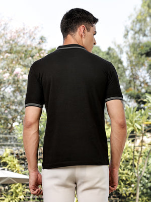 Thomas Scott Men Black Regular Fit Short Sleeves Solid Polo Collar Knitted Tshirt