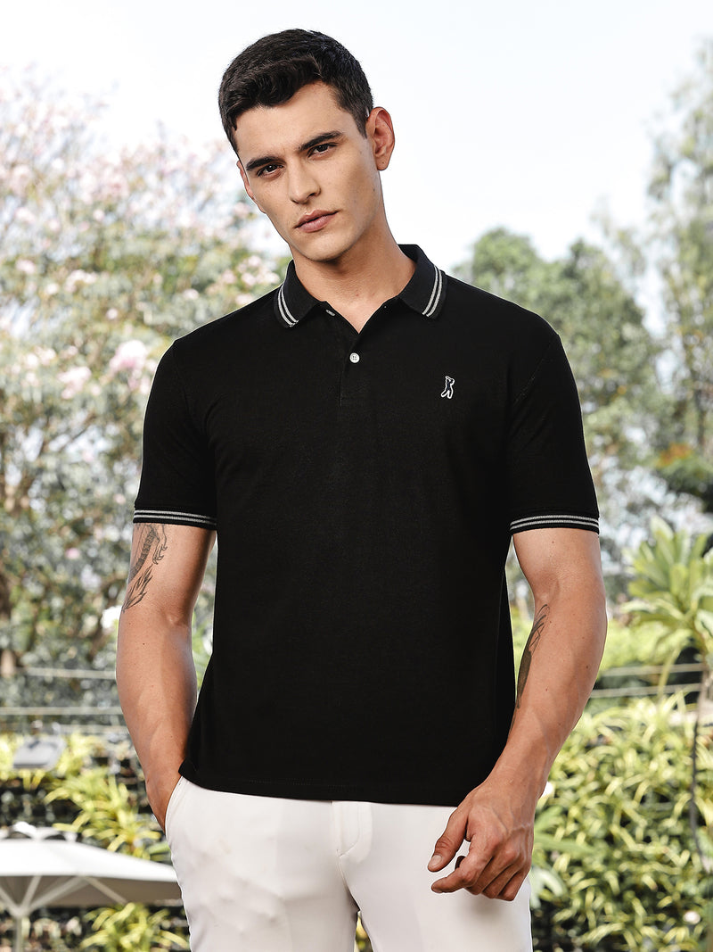 Thomas Scott Men Black Regular Fit Short Sleeves Solid Polo Collar Knitted Tshirt