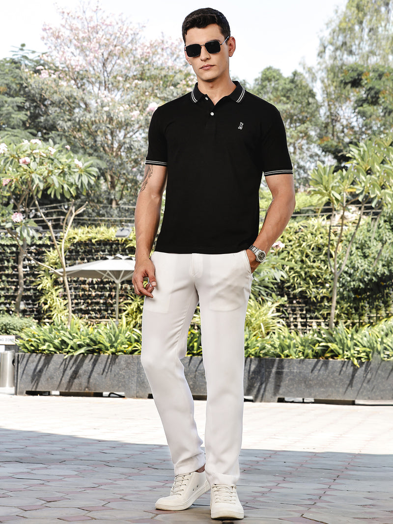 Thomas Scott Men Black Regular Fit Short Sleeves Solid Polo Collar Knitted Tshirt