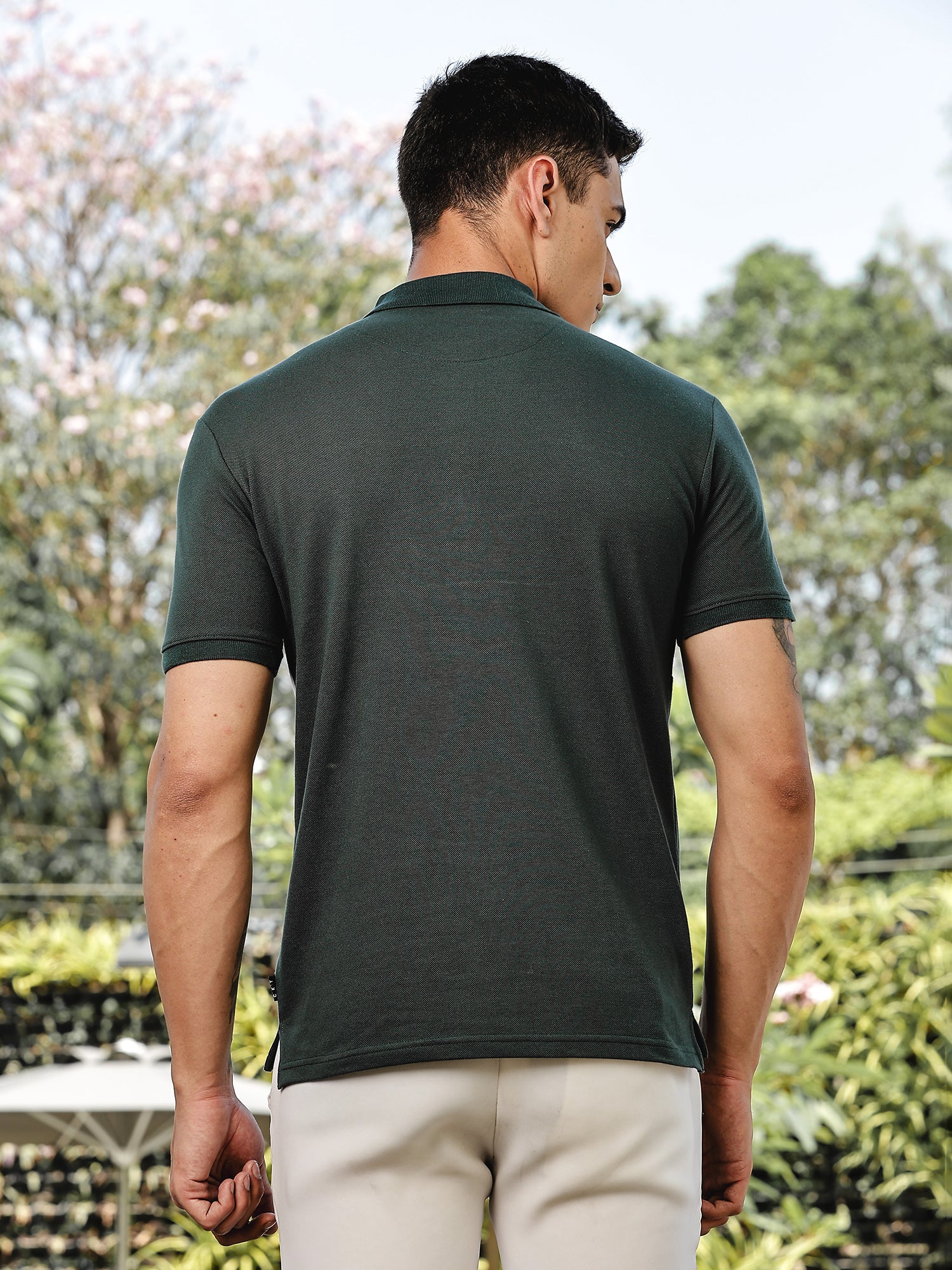 Thomas Scott Men BottleGreen Regular Fit Short Sleeves Typography Polo Collar Knitted Tshirt