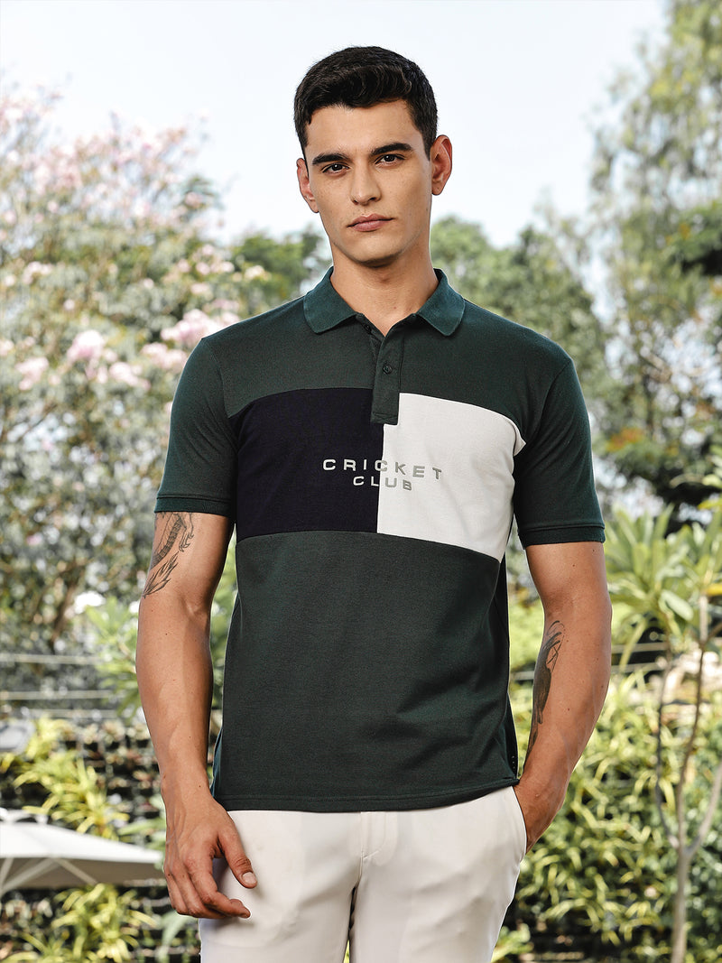Thomas Scott Men BottleGreen Regular Fit Short Sleeves Typography Polo Collar Knitted Tshirt