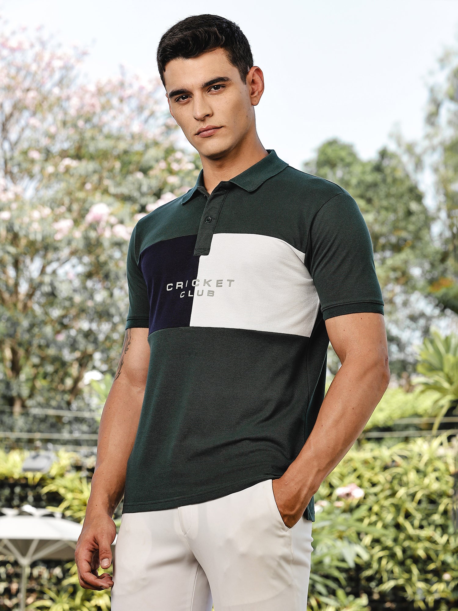 Thomas Scott Men BottleGreen Regular Fit Short Sleeves Typography Polo Collar Knitted Tshirt