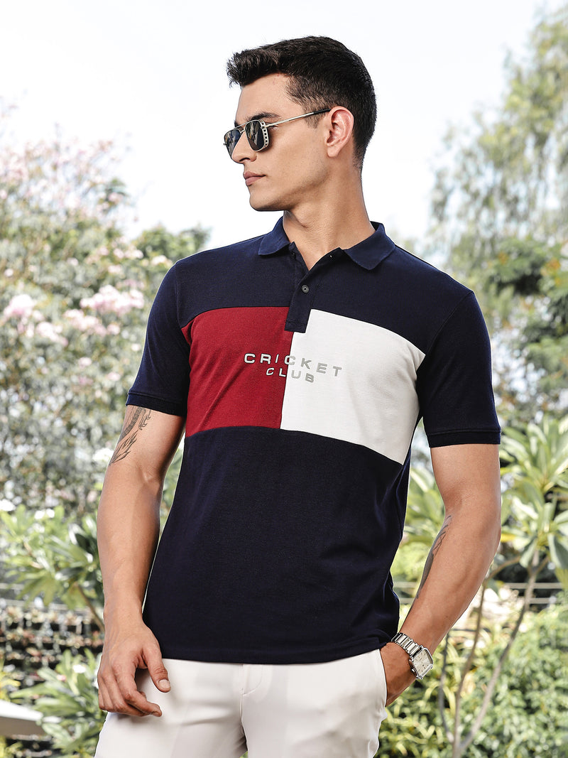 Thomas Scott Men Navy Regular Fit Short Sleeves Typography Polo Collar Knitted Tshirt