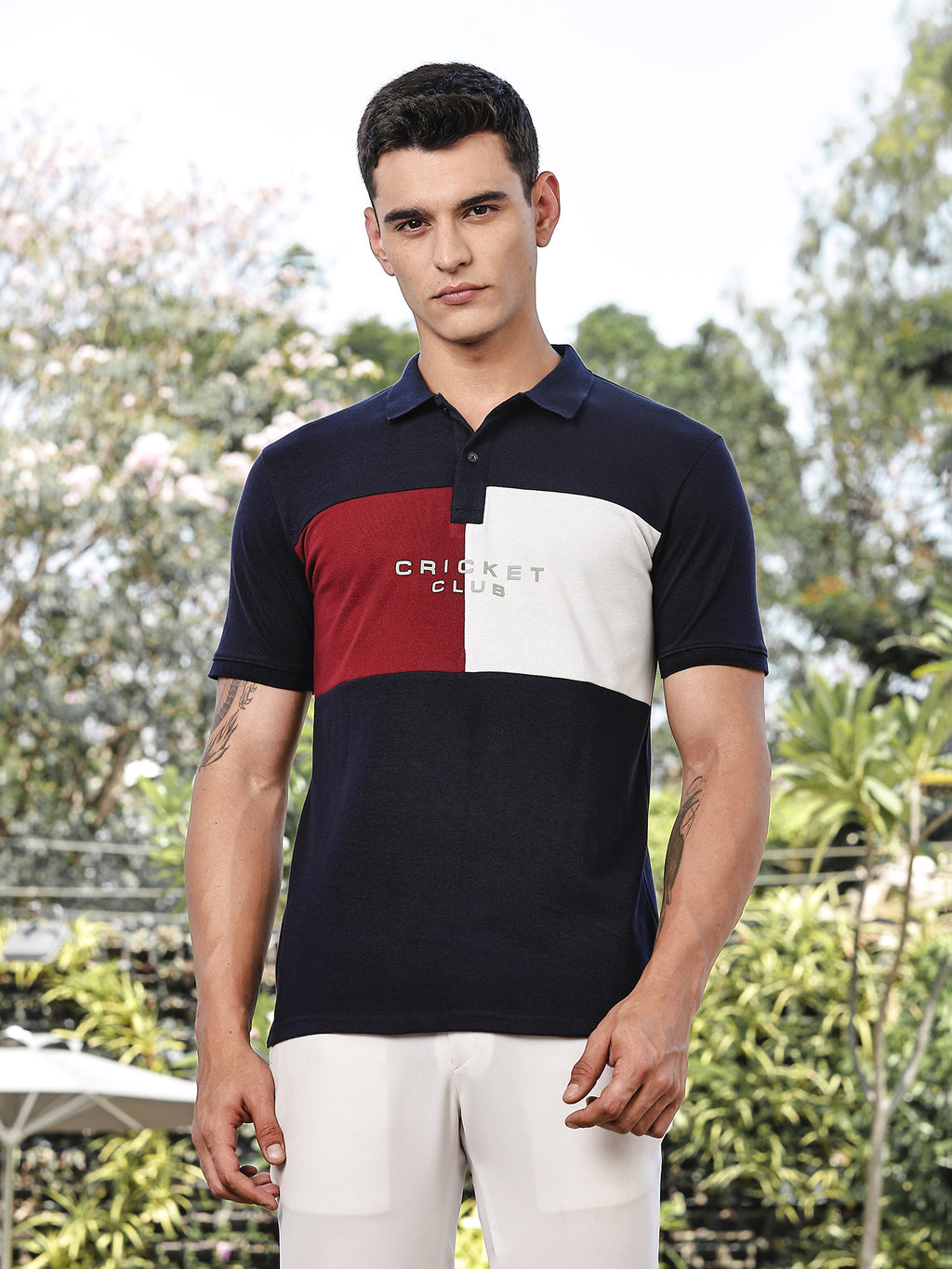 Thomas Scott Men Navy Regular Fit Short Sleeves Typography Polo Collar Knitted Tshirt