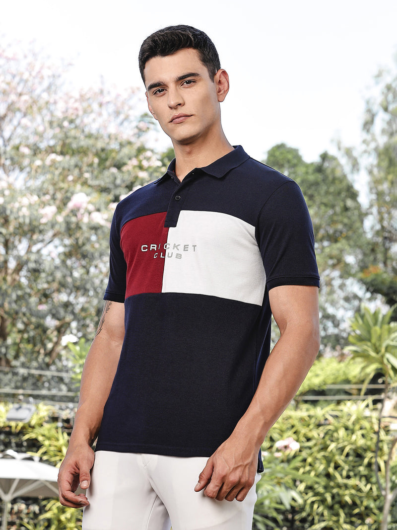 Thomas Scott Men Navy Regular Fit Short Sleeves Typography Polo Collar Knitted Tshirt