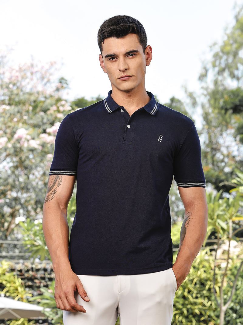 Thomas Scott Men Navy Regular Fit Short Sleeves Solid Polo Collar Knitted Tshirt