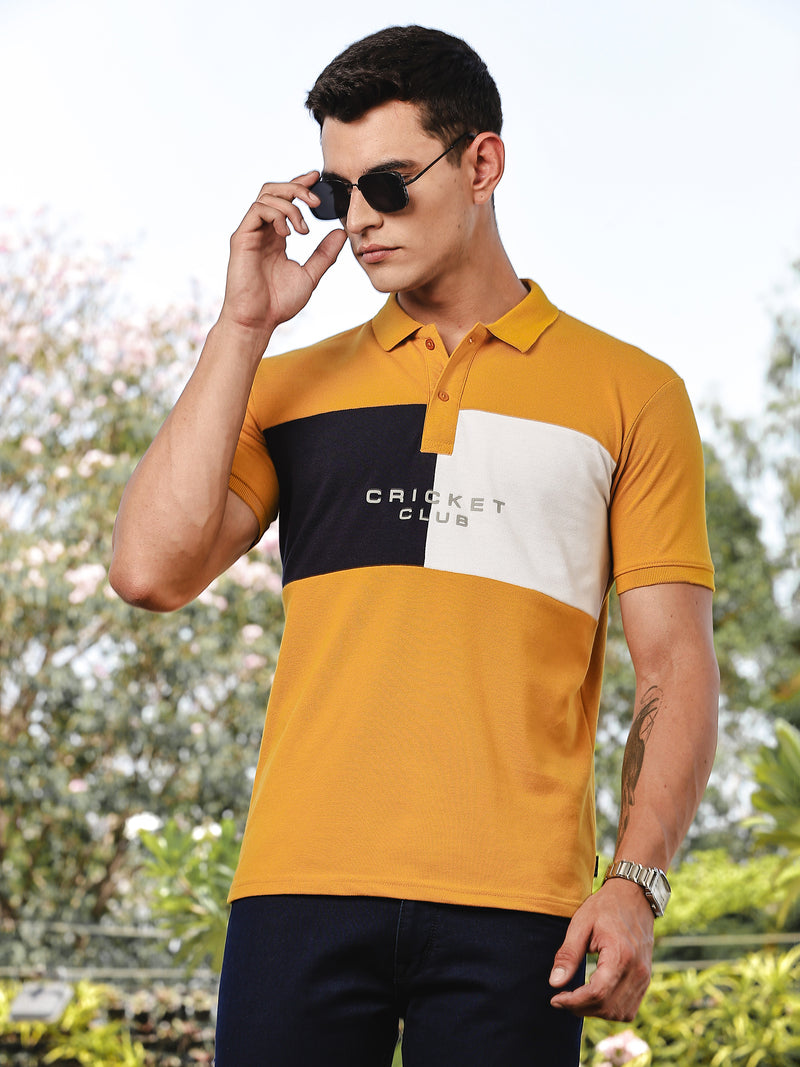 Thomas Scott Men Yellow Regular Fit Short Sleeves Typography Polo Collar Knitted Tshirt