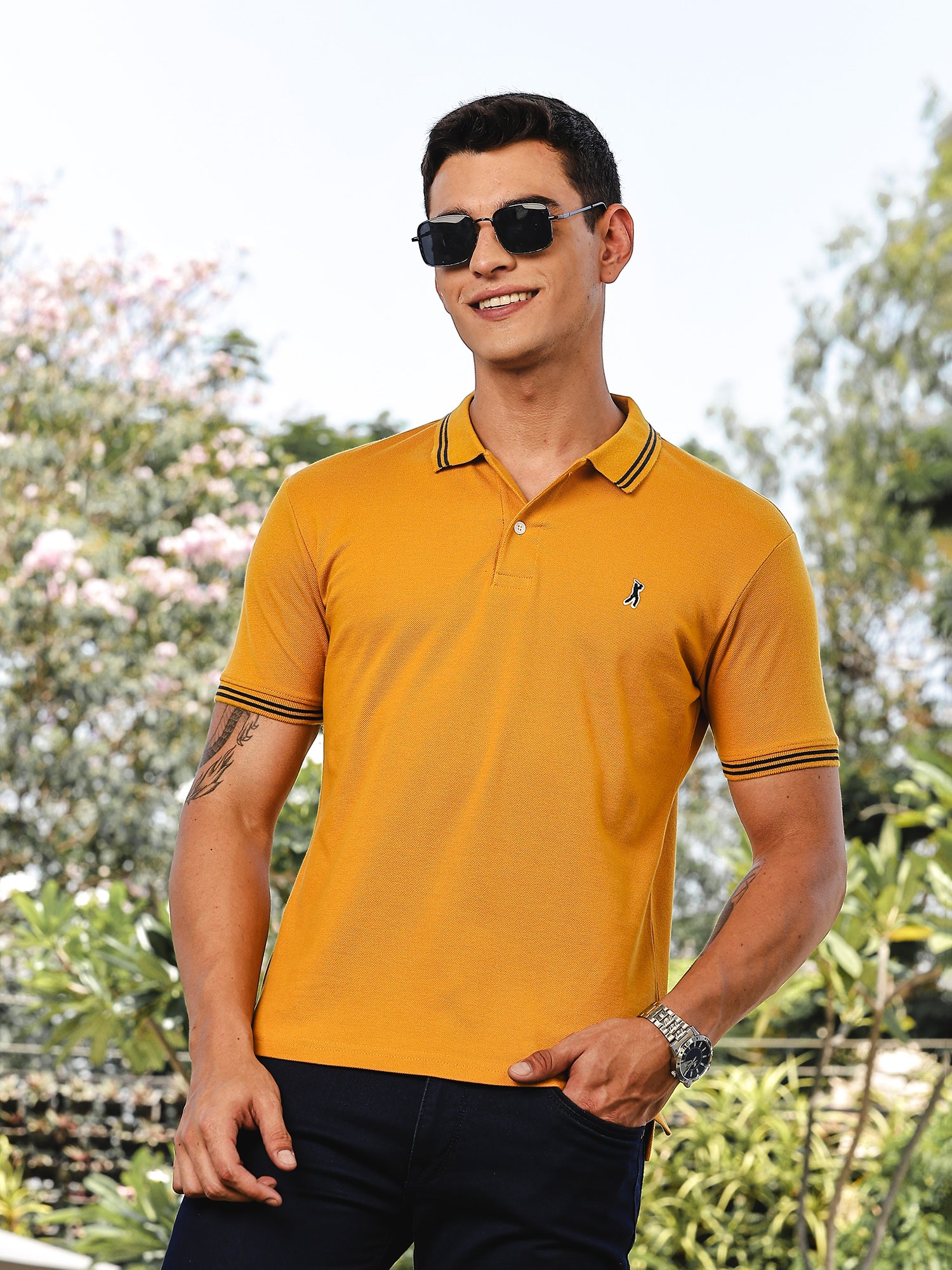 Thomas Scott Men Mustard Regular Fit Short Sleeves Solid Polo Collar Knitted Tshirt