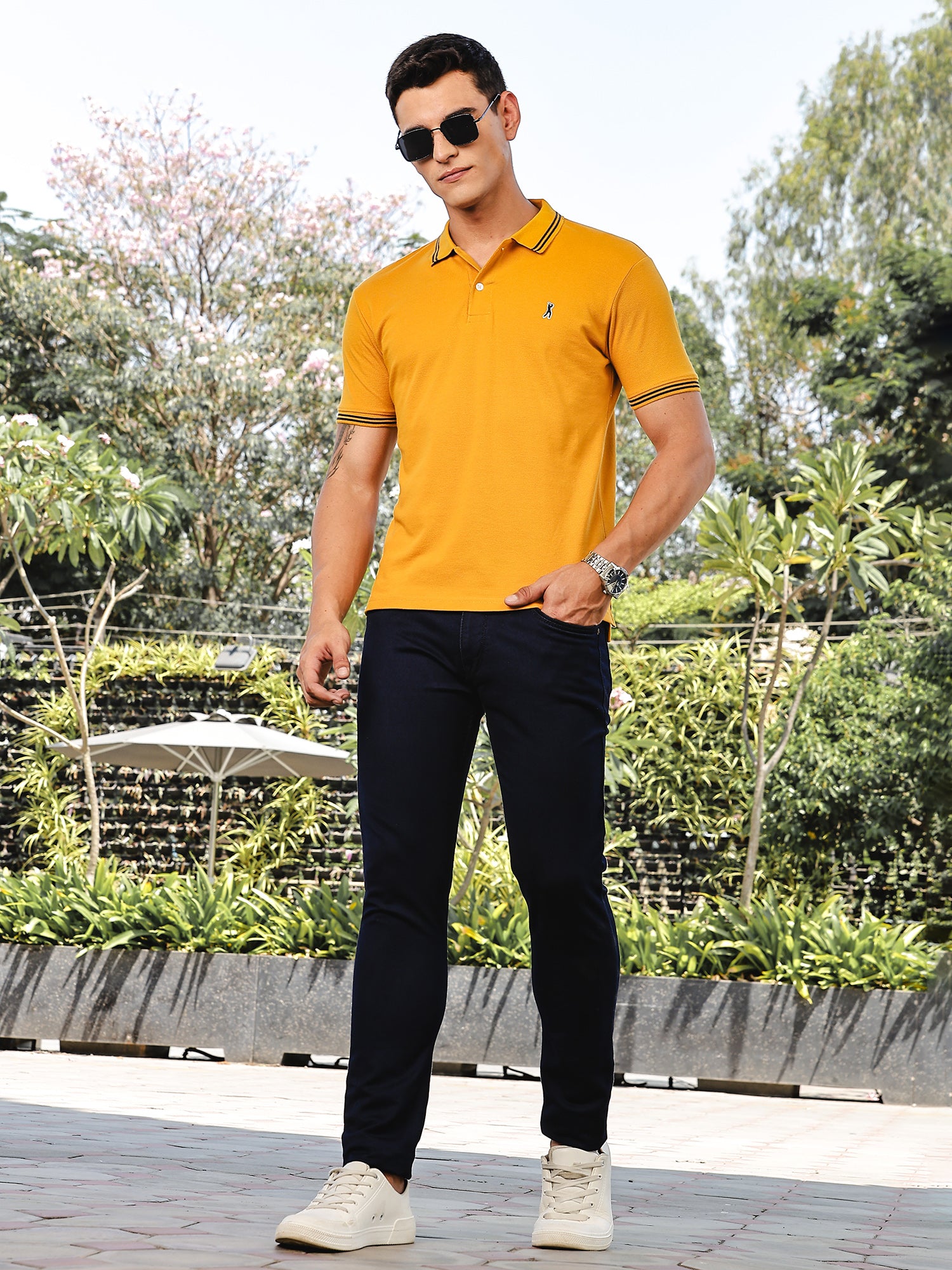 Thomas Scott Men Mustard Regular Fit Short Sleeves Solid Polo Collar Knitted Tshirt