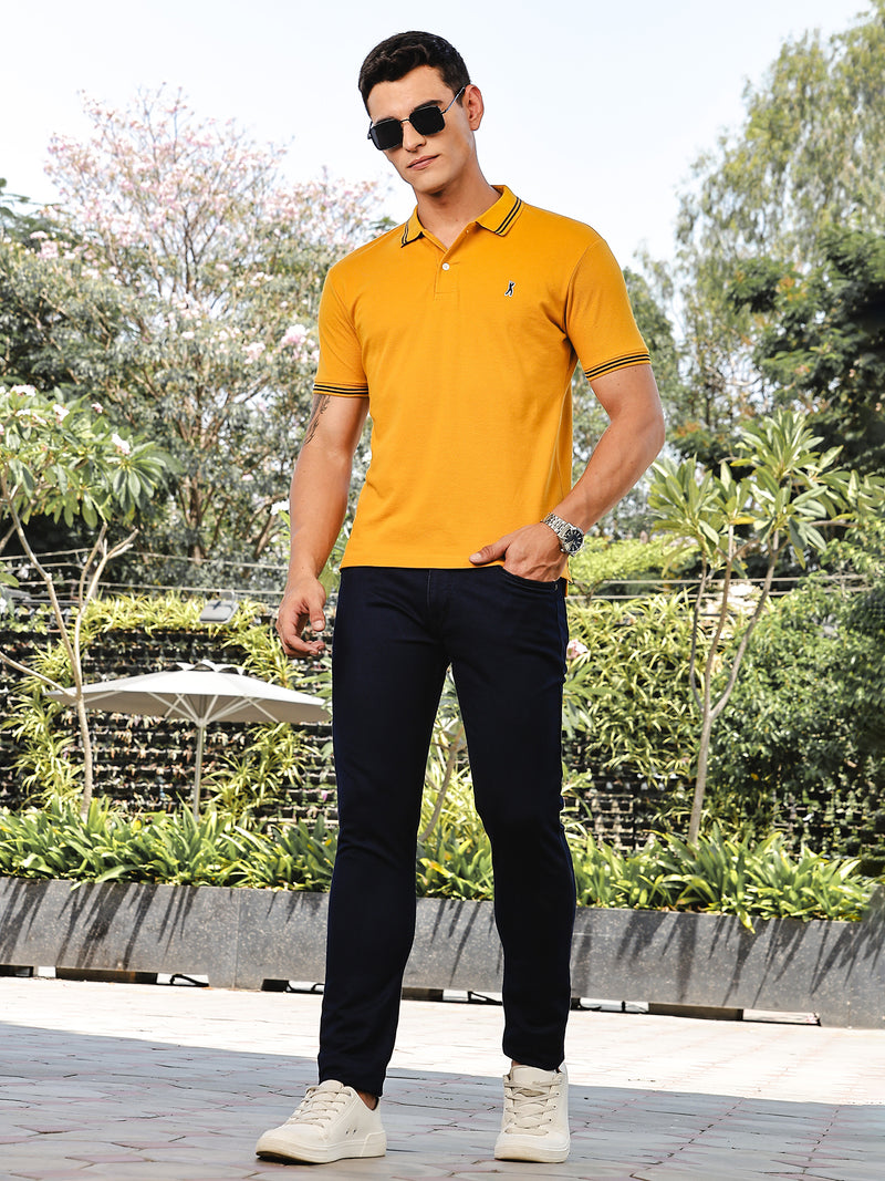 Thomas Scott Men Mustard Regular Fit Short Sleeves Solid Polo Collar Knitted Tshirt