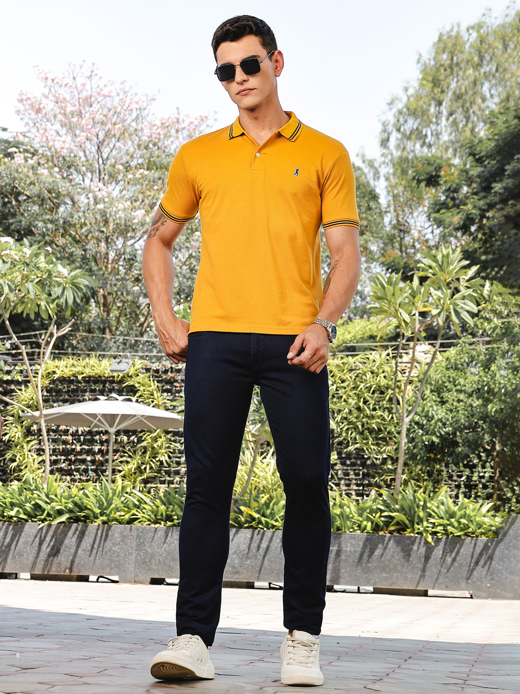 Thomas Scott Men Mustard Regular Fit Short Sleeves Solid Polo Collar Knitted Tshirt
