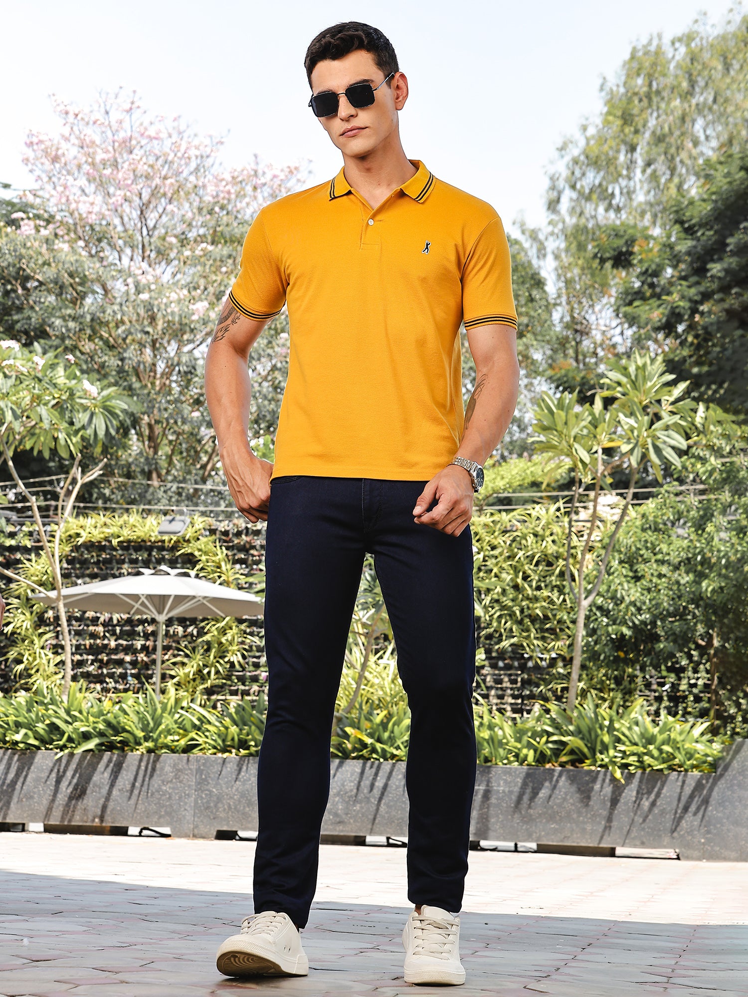 Thomas Scott Men Mustard Regular Fit Short Sleeves Solid Polo Collar Knitted Tshirt