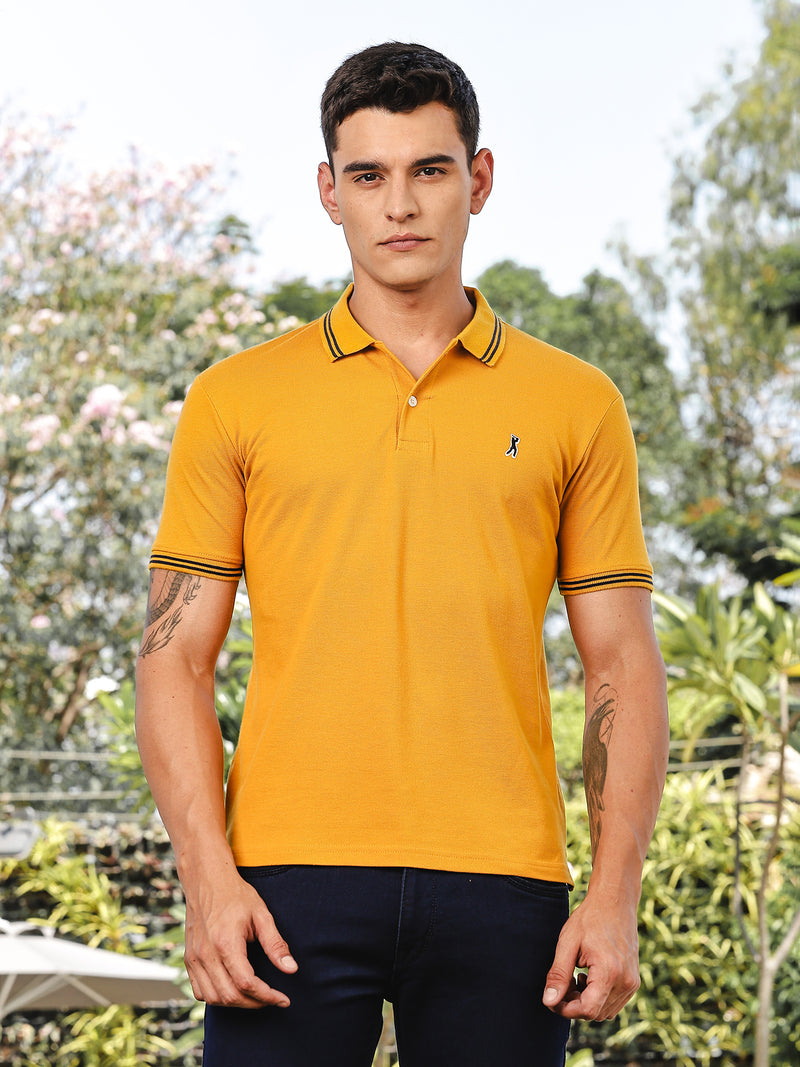 Thomas Scott Men Mustard Regular Fit Short Sleeves Solid Polo Collar Knitted Tshirt