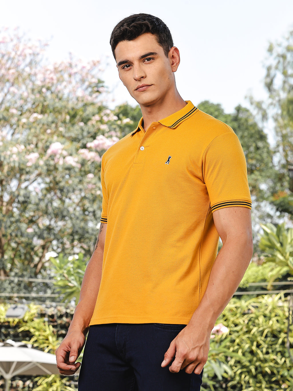 Thomas Scott Men Mustard Regular Fit Short Sleeves Solid Polo Collar Knitted Tshirt