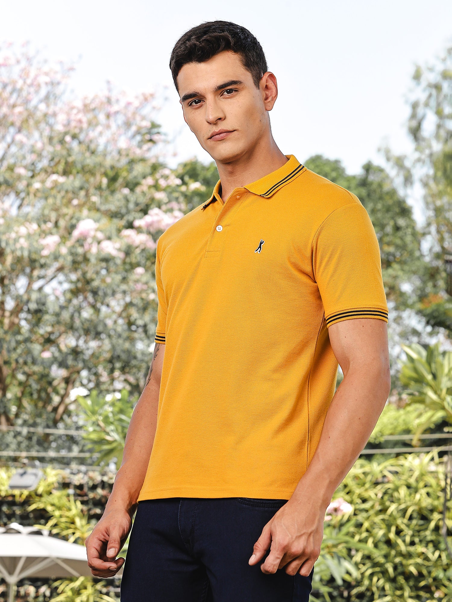 Thomas Scott Men Mustard Regular Fit Short Sleeves Solid Polo Collar Knitted Tshirt