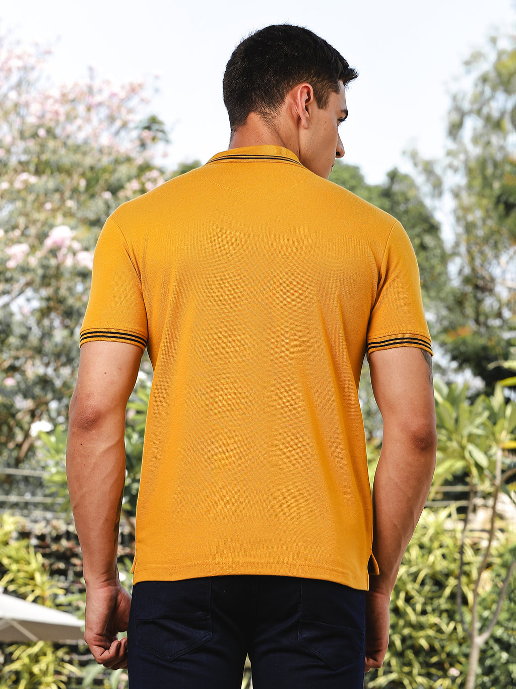 Thomas Scott Men Mustard Regular Fit Short Sleeves Solid Polo Collar Knitted Tshirt