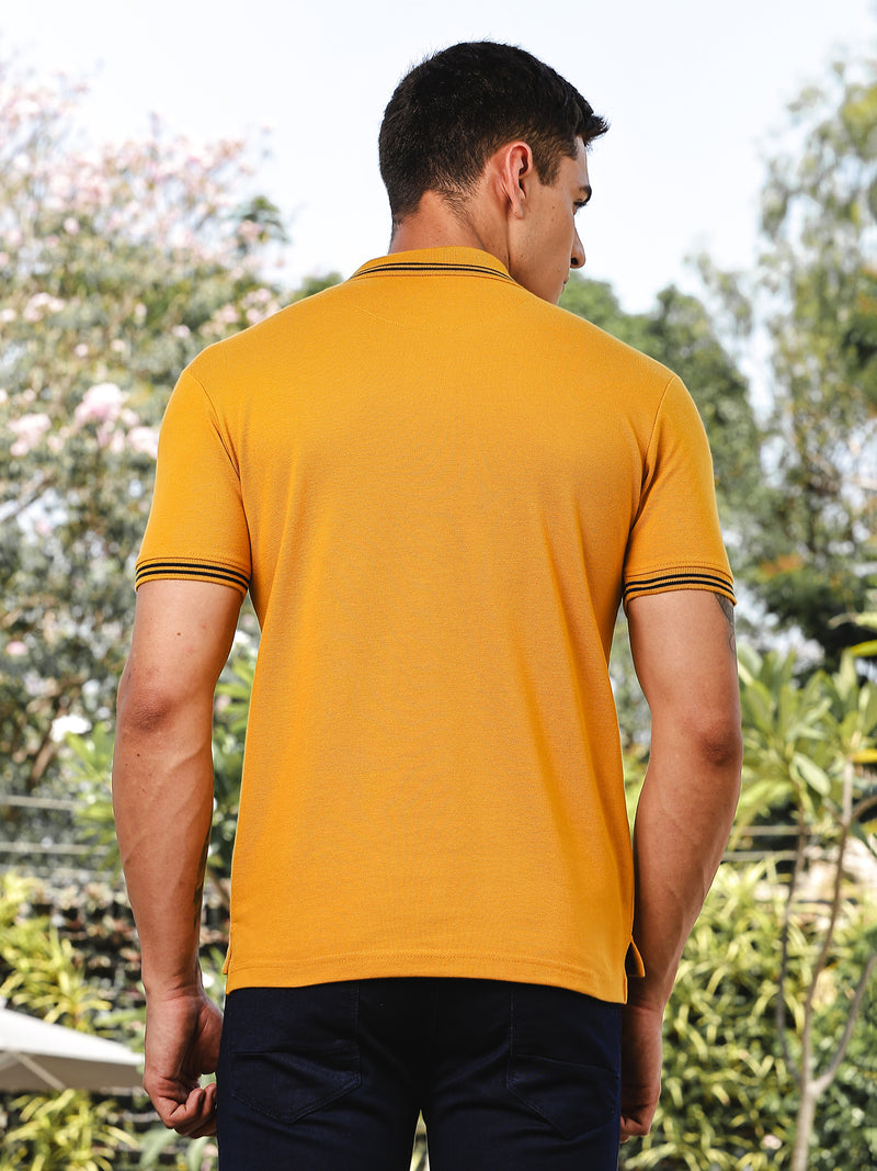 Thomas Scott Men Mustard Regular Fit Short Sleeves Solid Polo Collar Knitted Tshirt