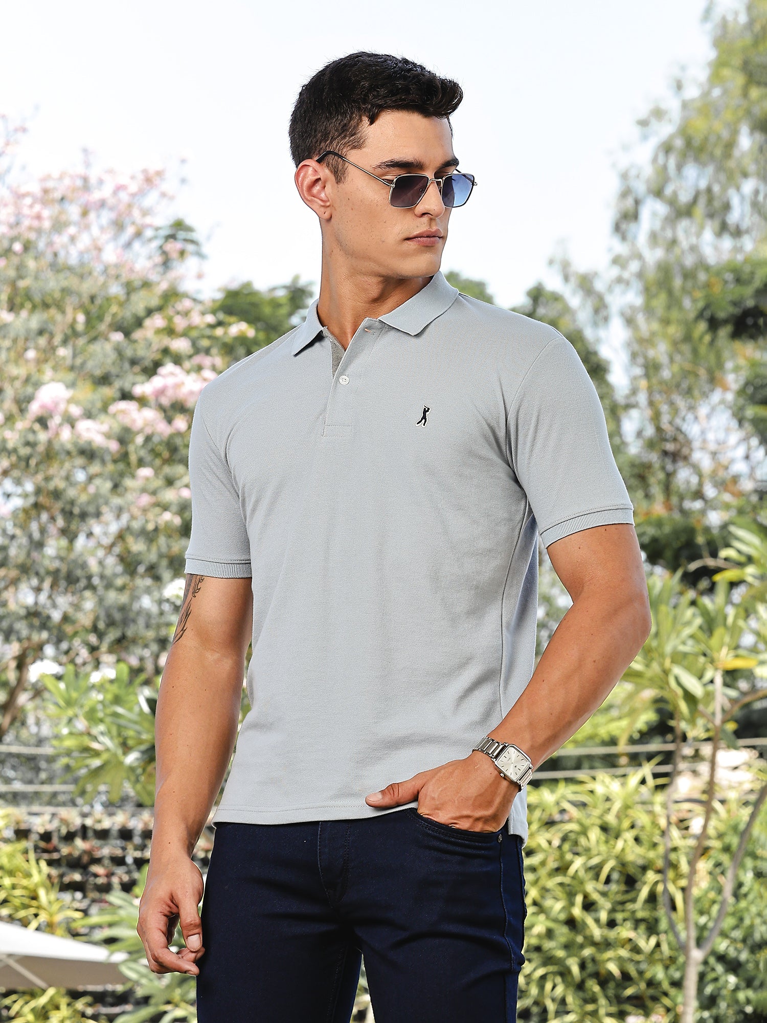 Thomas Scott Men Blue Regular Fit Short Sleeves Solid Polo Collar Knitted Tshirt