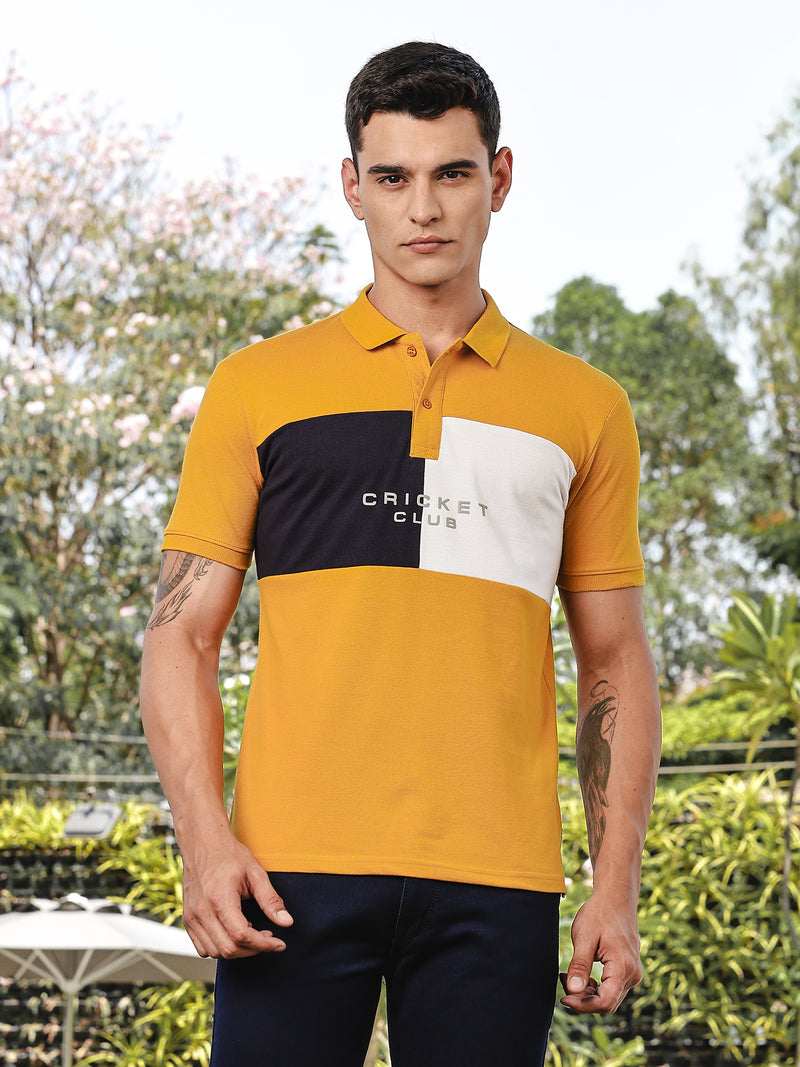 Thomas Scott Men Yellow Regular Fit Short Sleeves Typography Polo Collar Knitted Tshirt