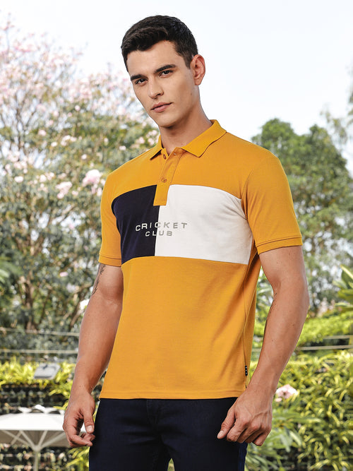 Thomas Scott Men Yellow Regular Fit Short Sleeves Typography Polo Collar Knitted Tshirt