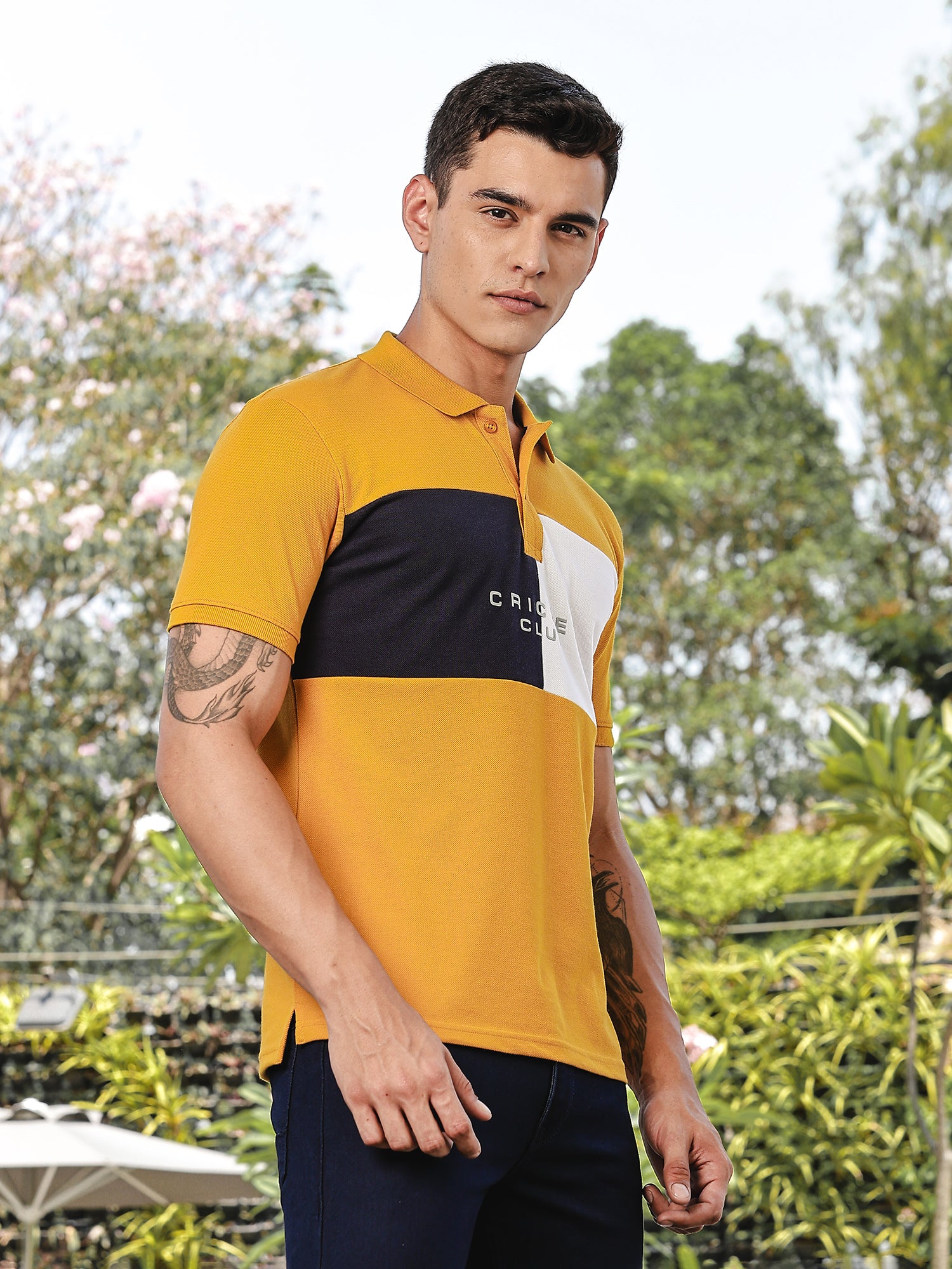 Thomas Scott Men Yellow Regular Fit Short Sleeves Typography Polo Collar Knitted Tshirt