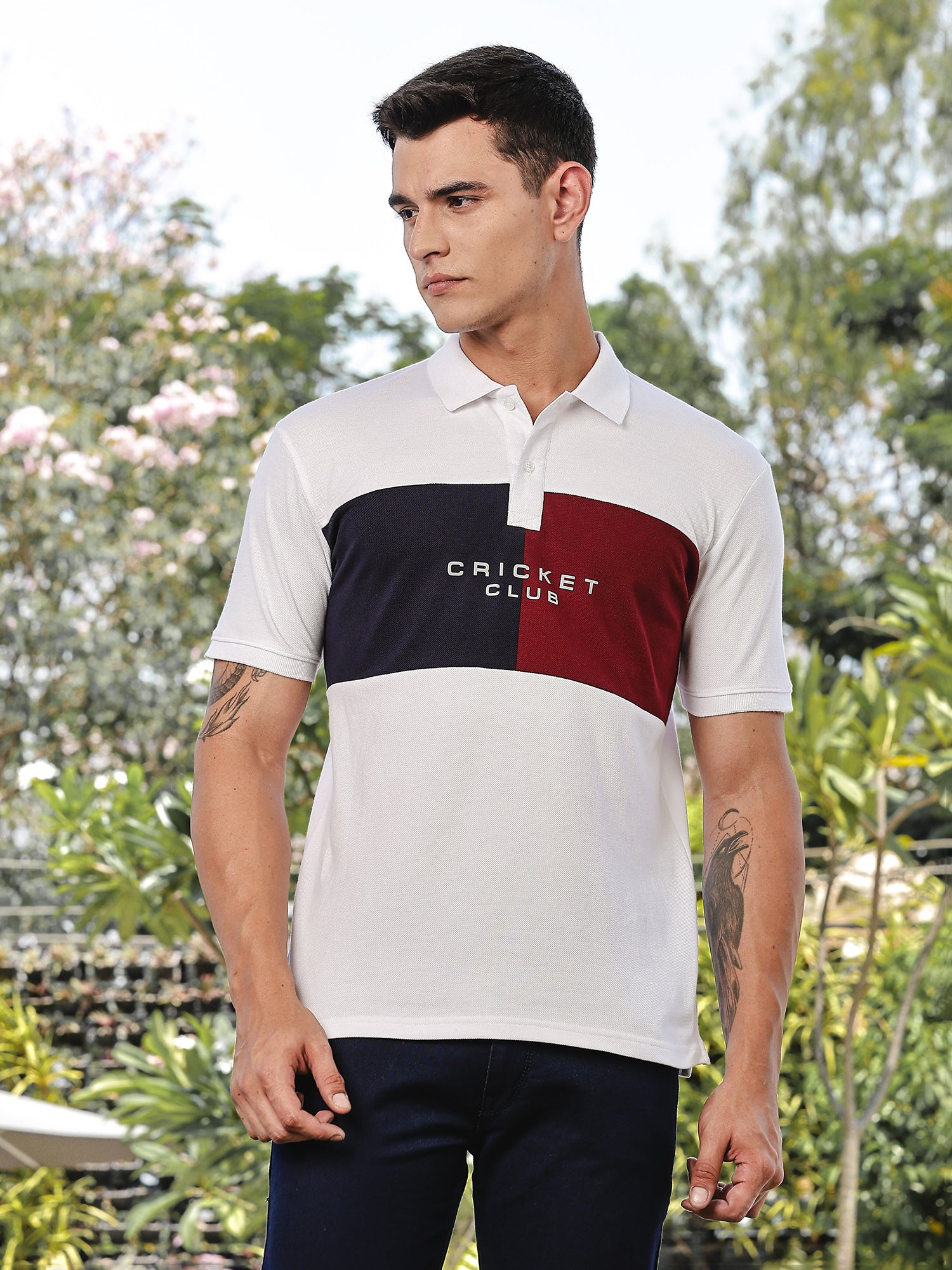 Thomas Scott Men White Regular Fit Short Sleeves Typography Polo Collar Knitted Tshirt