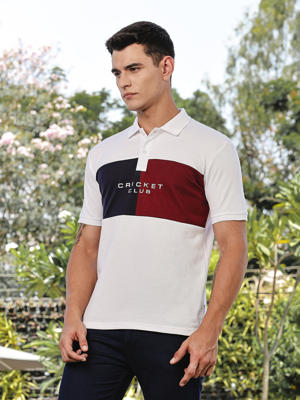 Thomas Scott Men White Regular Fit Short Sleeves Typography Polo Collar Knitted Tshirt