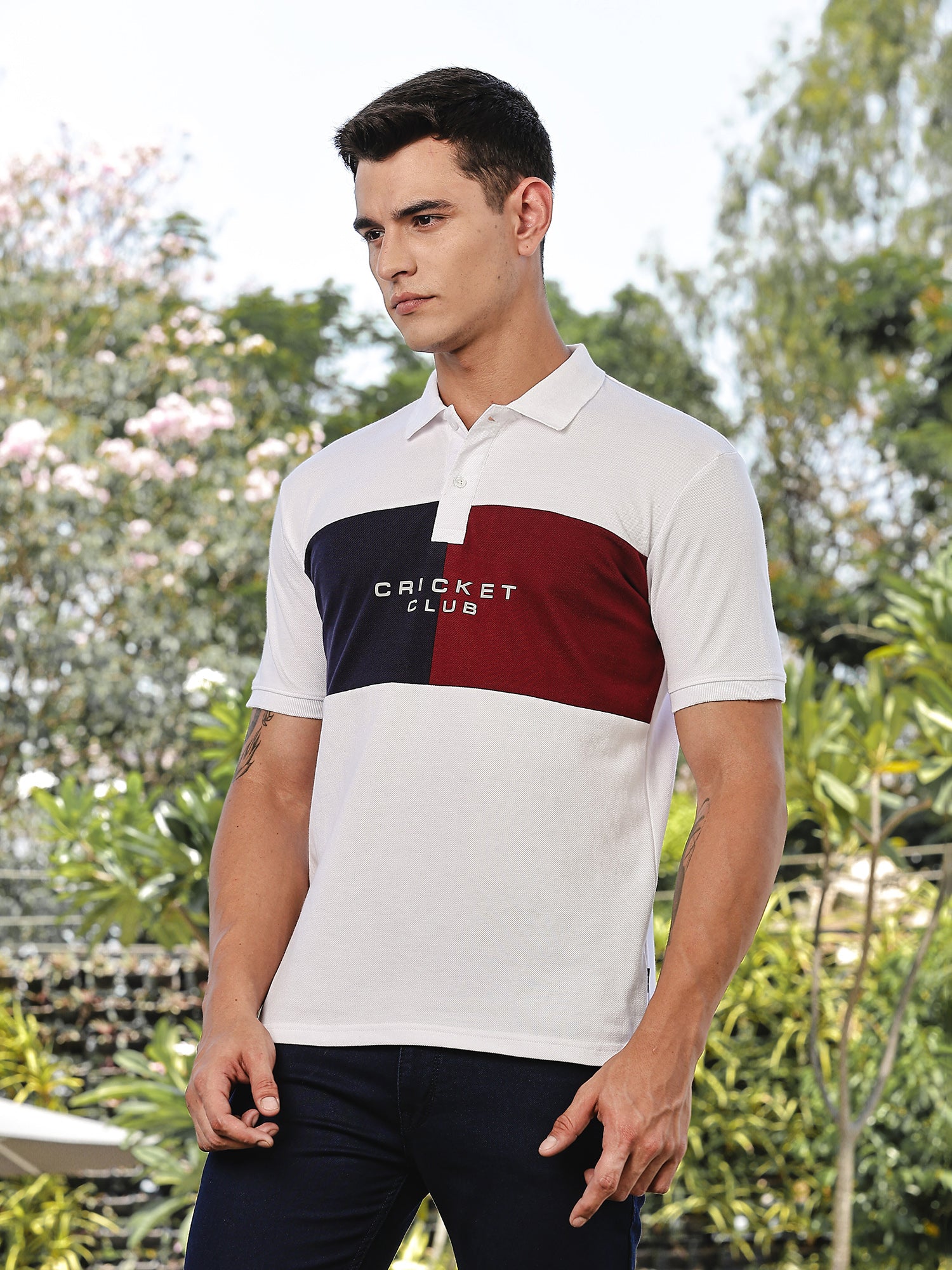 Thomas Scott Men White Regular Fit Short Sleeves Typography Polo Collar Knitted Tshirt