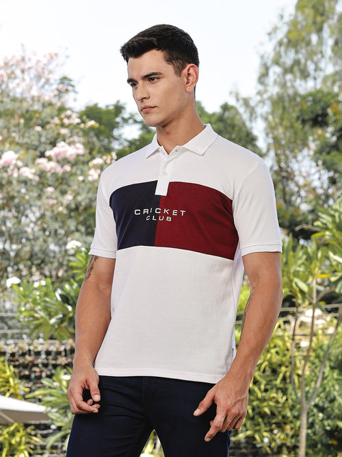 Thomas Scott Men White Regular Fit Short Sleeves Typography Polo Collar Knitted Tshirt