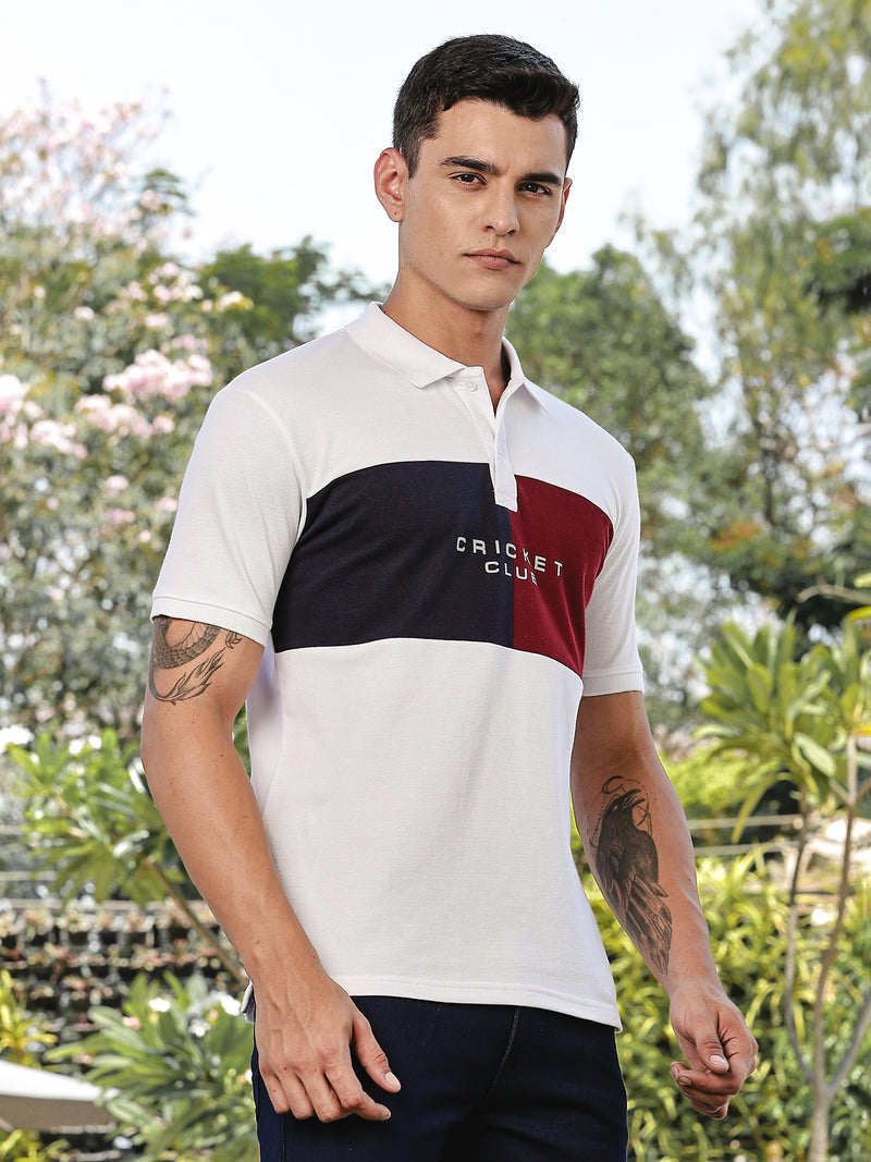 Thomas Scott Men White Regular Fit Short Sleeves Typography Polo Collar Knitted Tshirt
