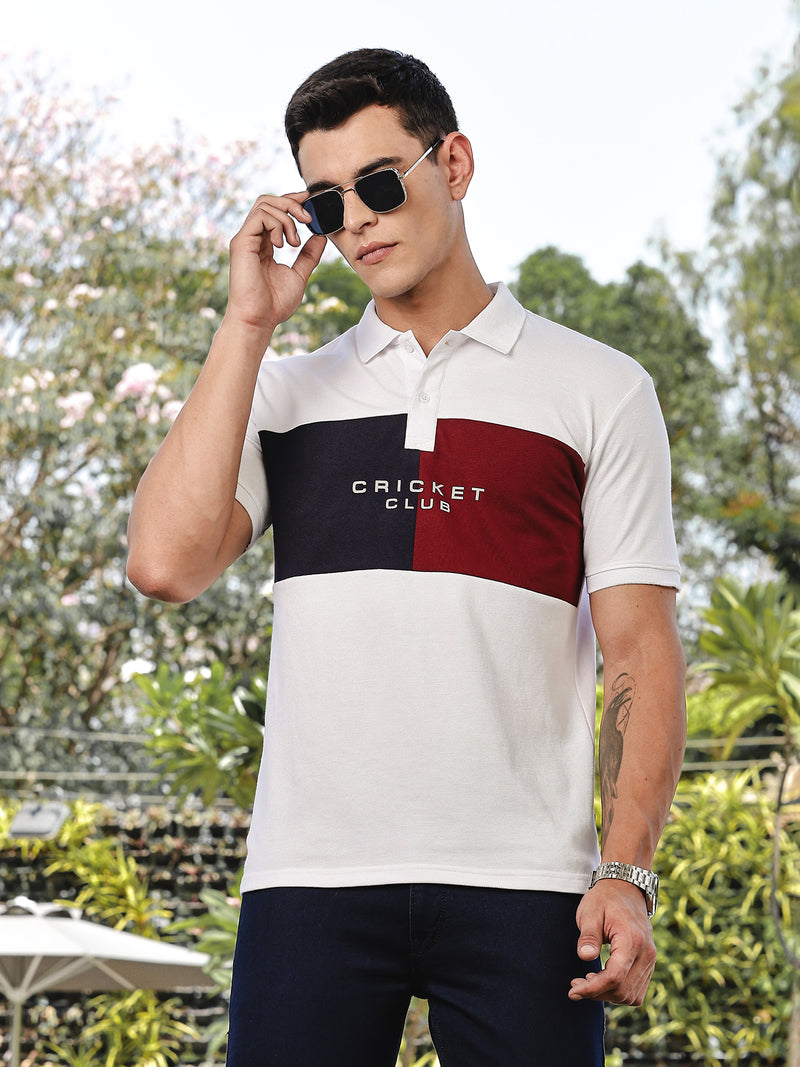 Thomas Scott Men White Regular Fit Short Sleeves Typography Polo Collar Knitted Tshirt