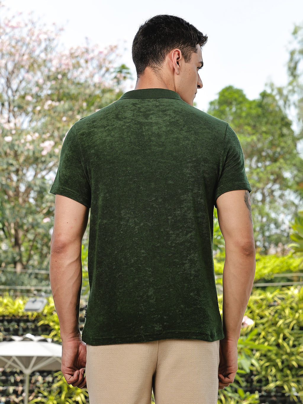 Thomas Scott Men Green Towel Terry Regular Fit Short Sleeves Polo Collar Tshirt